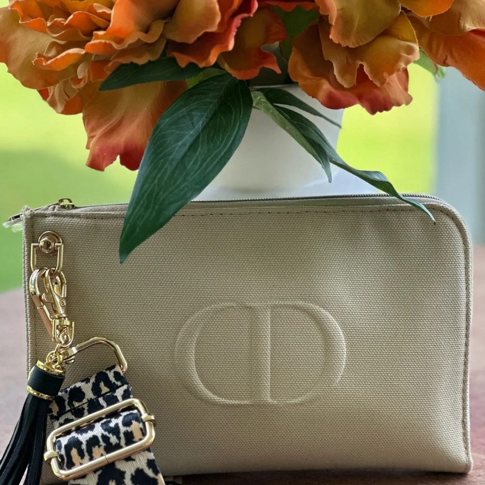 Beauty Counter Beige Cosmetic Cross body Bag with Gold Accents Upcycled GWP